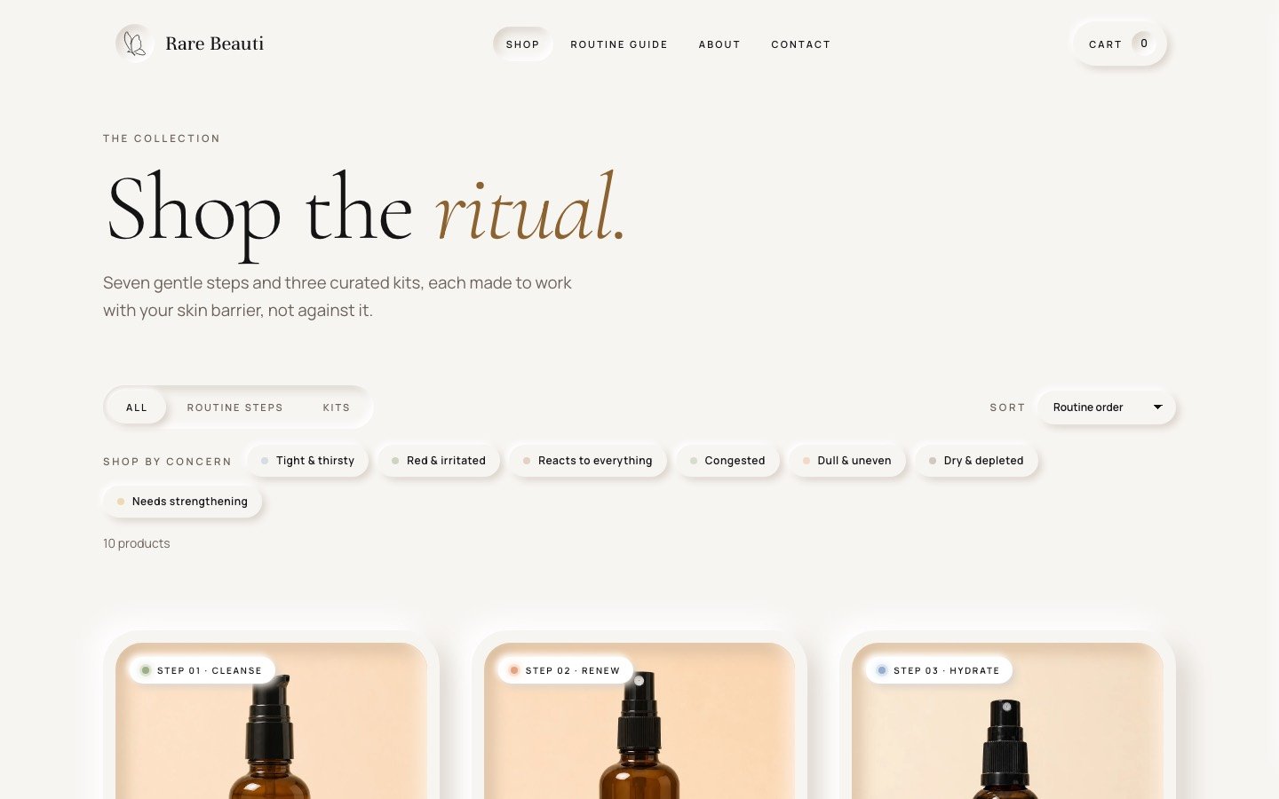The shop page with concern filters